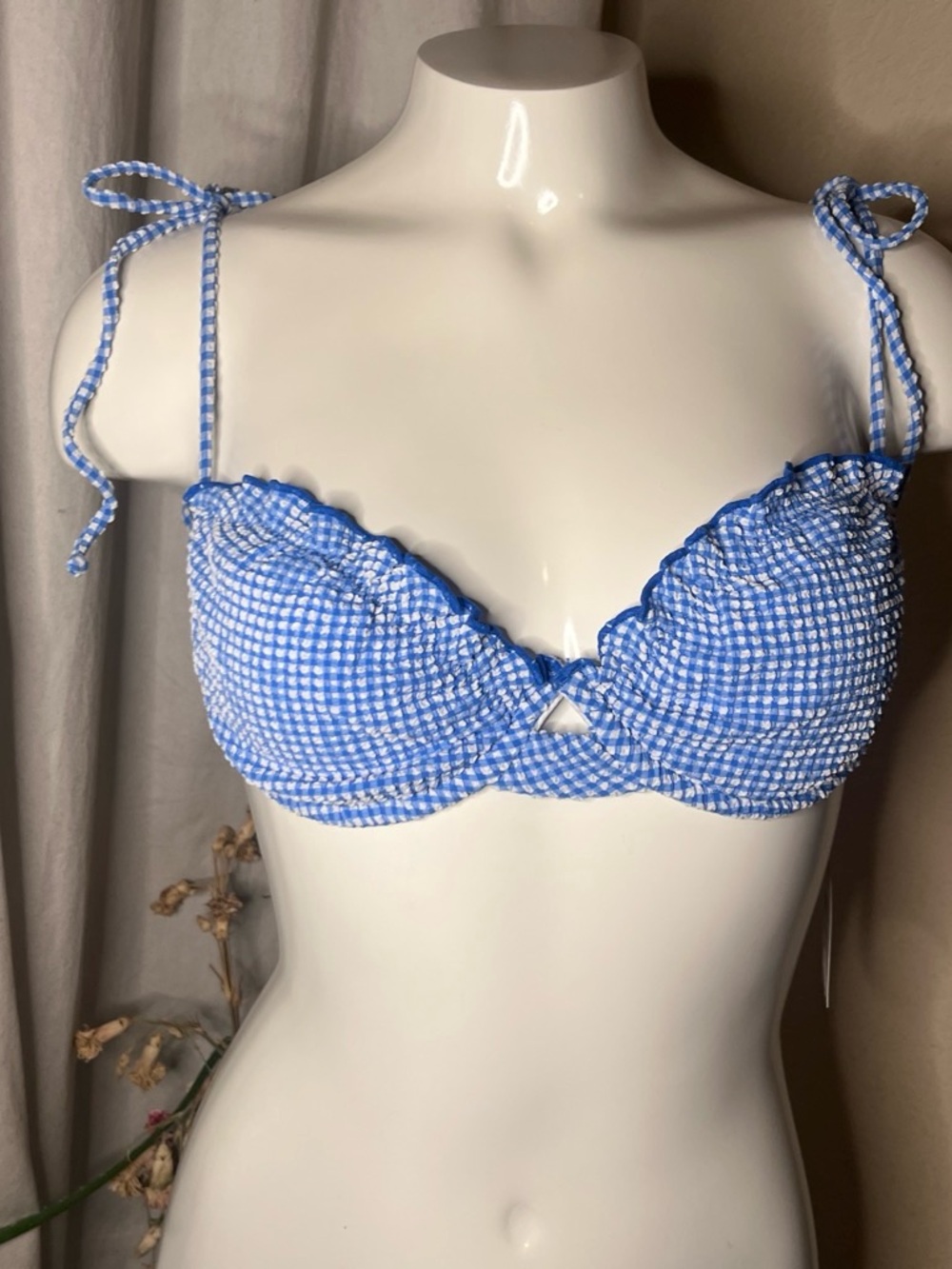 PacSun Light Blue Gingham Tie-Shoulder Bikini Top